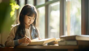 asiatique fille en train de lire une livre dans le bibliothèque photo