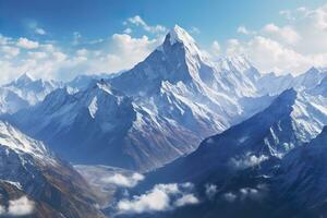 le beauté de une majestueux et neige plafonné Montagne gamme, avec robuste pics, ai génératif photo