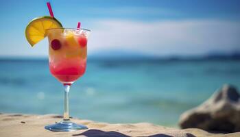 cocktail verre sur le sablonneux plage près le mer dans été temps. génératif ai photo