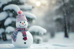 ai génératif, Noël hiver avec bonhomme de neige sur une paysage Contexte photo