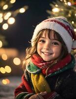 ai génératif, mignonne enfant dans Père Noël claus costume sur flou neigeux Noël veille Contexte photo