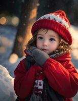 ai génératif, mignonne enfant dans Père Noël claus costume sur flou neigeux Noël veille Contexte photo