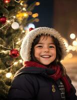 ai génératif, mignonne enfant dans Père Noël claus costume sur flou neigeux Noël veille Contexte photo