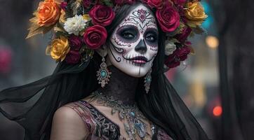 ai génératif, magnifique femme avec peint crâne sur sa visage pour le mexique journée de le mort photo