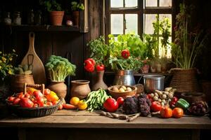 encore la vie de Frais des légumes dans le rustique cuisine, sélectif se concentrer, des fruits et des légumes sur une en bois table dans une rustique cuisine, ai généré photo