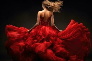 magnifique fille dans une rouge robe sur une noir Contexte. studio photo, mode femme dans rouge flottant robe retour côté arrière voir, ai généré photo