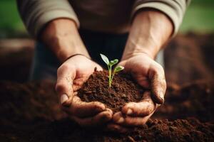 mains de homme en portant Jeune plante dans sol. Terre journée concept, agriculteur mains plantation des graines dans sol. jardinage et agriculture concept, ai généré photo