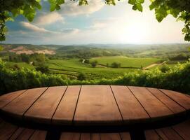 ai généré une rond en bois table avec vignoble, montagnes, et magnifique bleu ciel comme le arrière-plan, parfait pour breuvages thé, café, vin, et etc. publicités photo