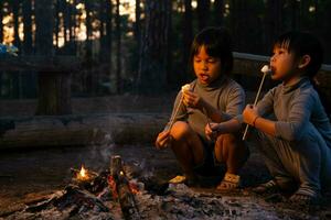 mignonnes petites soeurs rôtissant des guimauves sur un feu de camp. enfants s'amusant au feu de camp. camping avec enfants dans la pinède d'hiver. famille heureuse en vacances dans la nature. photo