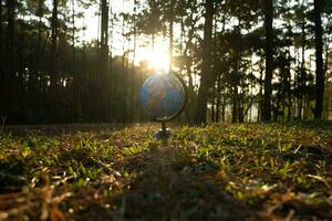 globe sphère modèle sur herbe contre Naturel Contexte et chaud lumière du soleil dans parc. Terre journée. monde environnement journée. photo