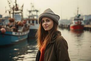 portrait de une magnifique fille dans une chapeau et manteau sur le Contexte de pêche bateaux, femelle touristique permanent dans de face de le zhengbin pêche Port et profiter le voir, arrière voir, ai généré photo