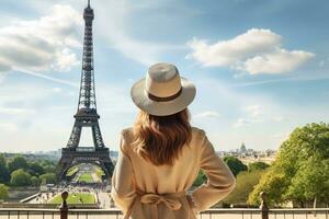 Jeune femme dans chapeau à la recherche à Eiffel la tour dans Paris, France, femelle touristique tourisme le Eiffel la tour et prise des photos, arrière voir, plein corps, ai généré photo