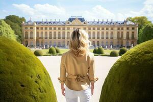 retour vue de Jeune femme dans beige veste à la recherche une façon à parc, femelle touristes permanent dans de face de le schonbrunn Royal palais jardin et profiter le voir, arrière voir, plein corps, ai généré photo