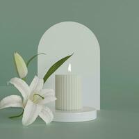 3d le rendu blanc bougie sur blanc podium avec lis fleur vert photo