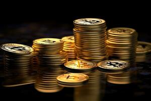 une pile de d'or bitcoins sur Haut de une noir tableau, bitcoins sur une foncé arrière-plan, génératif ai photo