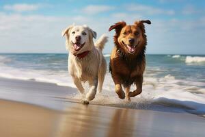 un image de deux chiens en marchant sur une plage suivant à le océan, génératif ai photo