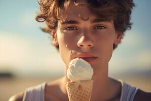 Masculin touristique en portant un la glace crème cône à le mer dans le jour photo