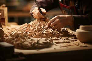 bois sculpture compétence, une photo de un artisan travail sur une floral conception