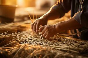 panier artisanat, une fermer de mains tissage avec Naturel matériaux photo