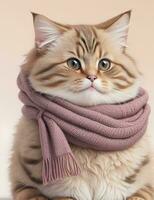 mignonne duveteux graisse chat dans une rose chaud foulard. confortable kawaii gingembre chat illustration, hiver chaud ambiance. ai génératif photo