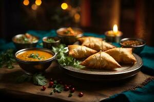 magnifique promotionnel photo de Indien nourriture - samosa sur une magnifique plaque, Indien soupe, bougies et épices. ai génératif