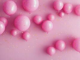 arrière-plan, 3d rendre de mignonne rose des ballons et brillant holographique confettis. des ballons de différent tailles, vacances, le sexe faire la fête, vente, bannière. ai génératif photo