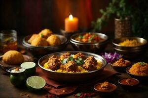 promotionnel photo de délicieux Indien aliments. bannière avec une magnifique plaque, riz, épices et bougies sur le tableau, nationale cuisine. ai génératif