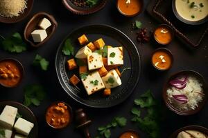 commercial photo, magnifique foncé arrière-plan, Conseil d'humeur. magnifique ensemble table avec Indien nourriture, paneer fromage, riz, curry. ai génératif photo