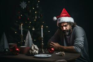 triste déprimé homme à Accueil séance à le table près Noël arbre, homme célébrer Noël et Nouveau année ai génératif photo