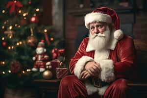 triste Père Noël claus séance sur le Contexte de une Noël arbre génératif ai photo