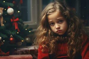 sérieux triste peu fille est séance dans de face de une Noël arbre génératif ai photo