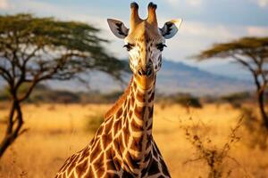 proche en haut de une girafe dans le plus Jeu réserve okavango rivière delta, nationale parc, botswana, girafe dans serengeti nationale parc, Tanzanie, Afrique, ai généré photo