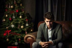 sérieux triste homme est séance dans de face de une Noël arbre génératif ai photo