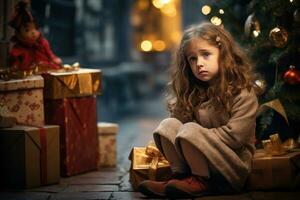 sérieux triste peu fille est séance dans de face de une Noël arbre génératif ai photo