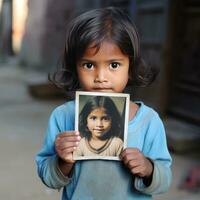 ai généré triste Indien fille sur le rue dans une sale chemise détient une de une fille et regards dans le caméra avec espoir, peut-être recherche pour sa perdu sœur. ai généré photo