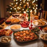 ai généré Noël table avec une variété de apéritifs, vin, une Noël arbre avec lumières dans le arrière-plan, une pile de nourriture, et non personnes. typique Espagnol Noël tableau. ai généré photo