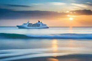 une croisière navire dans le océan à le coucher du soleil. généré par ai photo