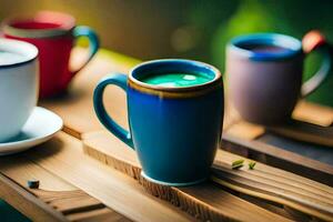 coloré tasses de café sur une en bois tableau. généré par ai photo