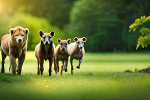 une groupe de animaux fonctionnement dans le herbe. généré par ai photo