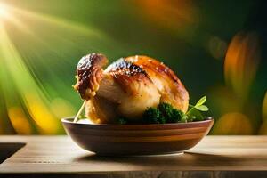 une poulet est séance sur une en bois table avec une vert Contexte. généré par ai photo