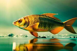 une poisson est permanent sur le l'eau avec le Soleil brillant. généré par ai photo