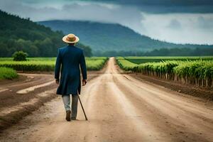 une homme dans une bleu costume des promenades vers le bas une saleté route. généré par ai photo