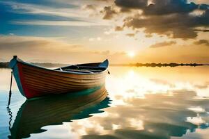 une bateau est flottant dans le l'eau à le coucher du soleil. généré par ai photo