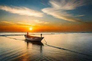 le bateau est sur le plage à le coucher du soleil. généré par ai photo