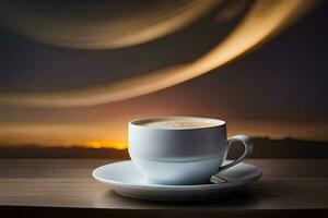 une tasse de café sur une table avec une le coucher du soleil dans le Contexte. généré par ai photo