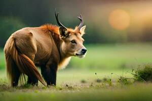 une cerf avec cornes permanent dans le herbe. généré par ai photo