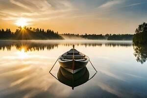 une bateau sur une Lac à lever du soleil. généré par ai photo