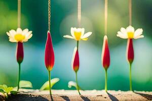 quatre rouge fleurs sont pendaison de une chaîne. généré par ai photo