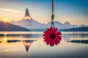 une rouge fleur pendaison de une corde plus de une Lac avec montagnes dans le Contexte. généré par ai photo