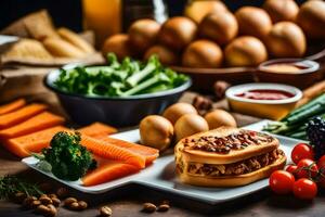 une assiette de nourriture avec œufs, des légumes et autre ingrédients. généré par ai photo